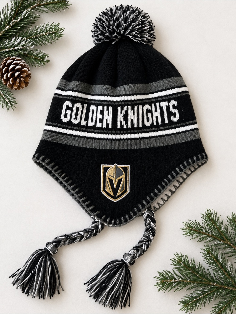Golden Knights Black Pom Earflap Beanie